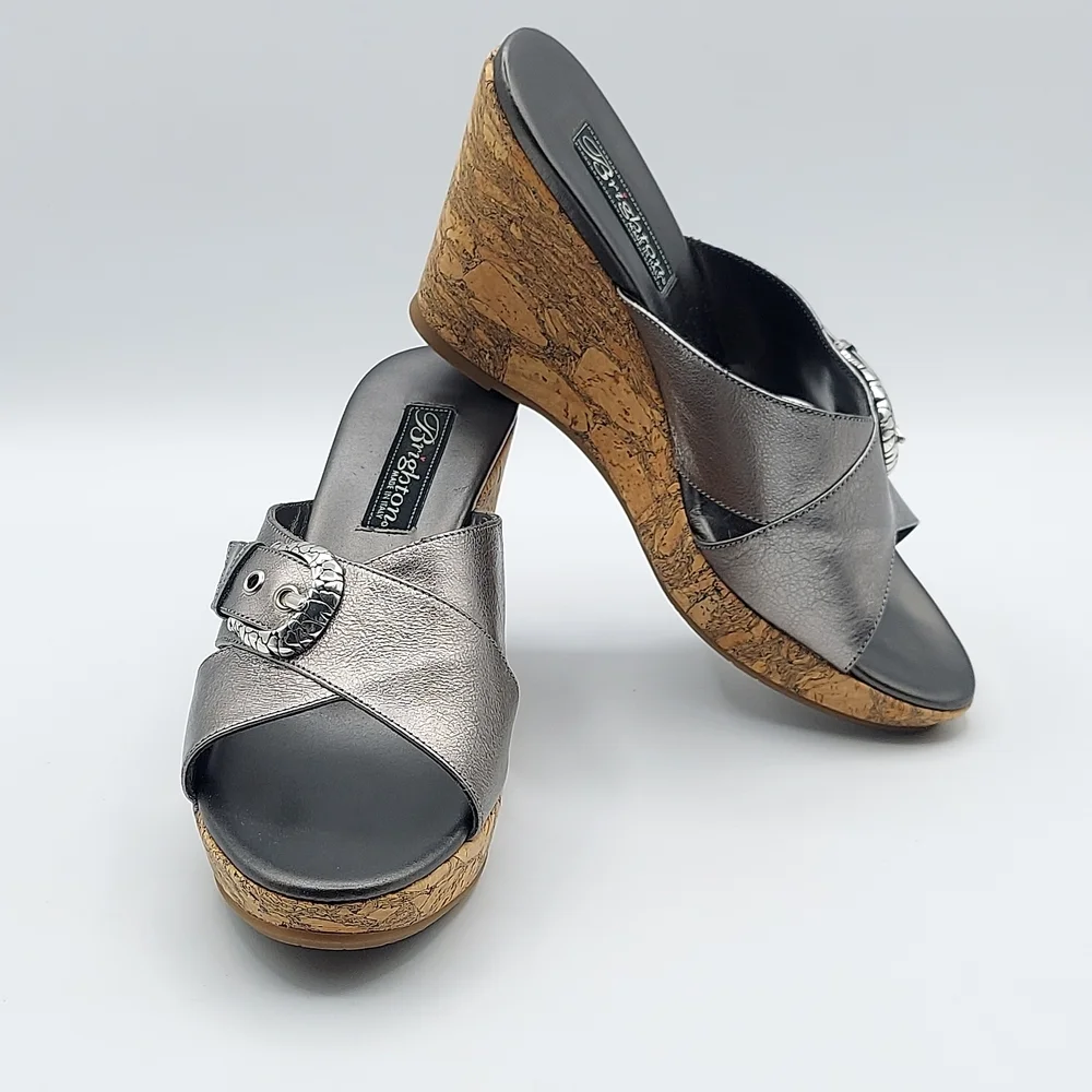 Brighton Summer Made In Italy Platfrom Cork Wedge Heel Sandals Pewter Women's 7